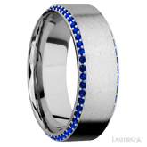 8 mm wide/High Bevel/14K White Gold band with a Bevel Eternity arrangement of 01 carat Round Sapphire stones in a Bead setting
